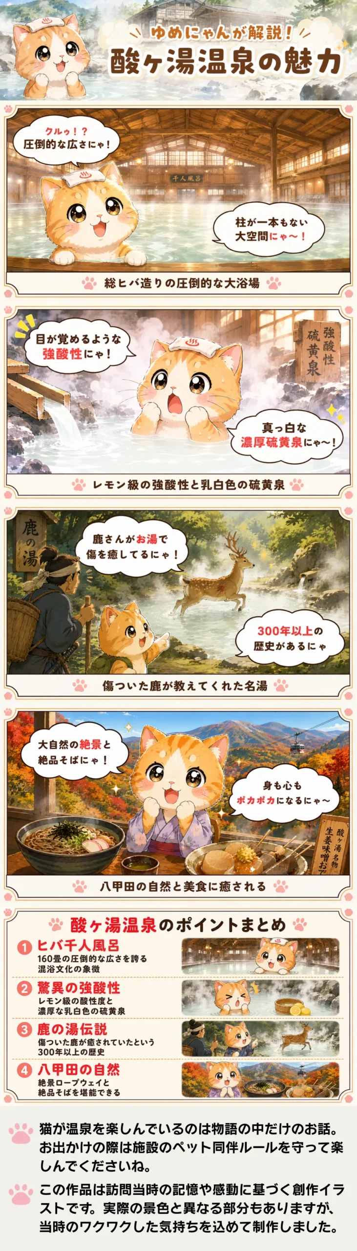 酸ヶ湯温泉の魅力を詰め込んだ4コマ漫画。ゆめにゃんが千人風呂、強酸性の泉質、開湯伝説、八甲田の自然を紹介。