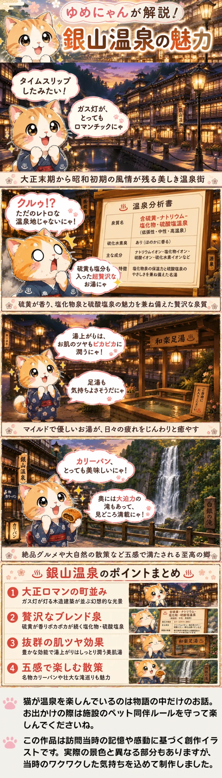 銀山温泉の魅力を詰め込んだ4コマ漫画。猫のゆめにゃんが幻想的な町並みや泉質、食べ歩きを楽しく紹介。