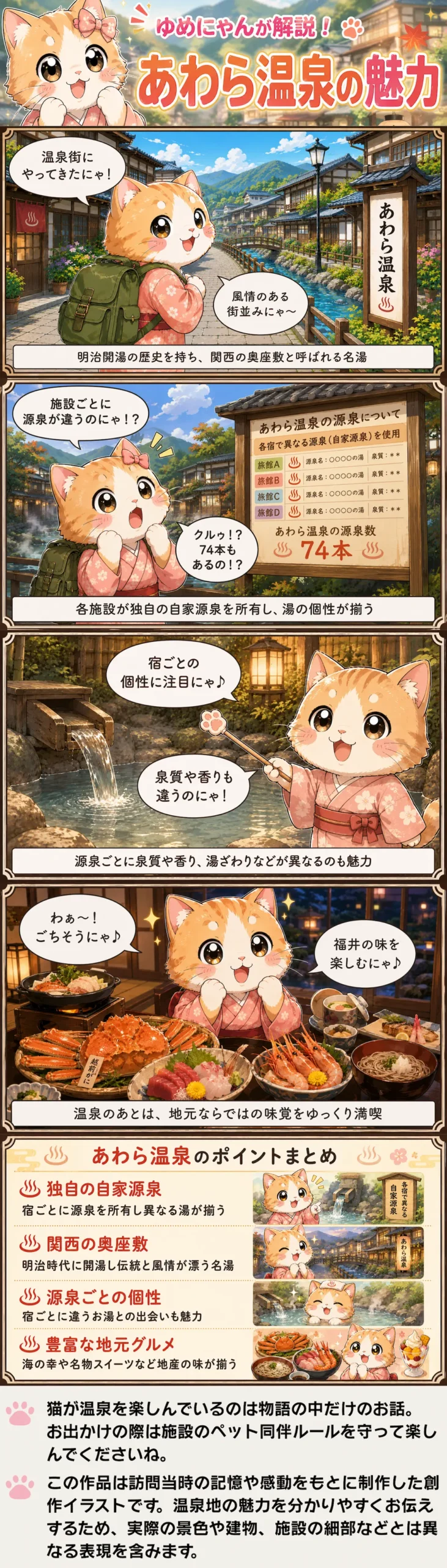 あわら温泉の魅力を詰め込んだ4コマ漫画。独自の自家源泉や福井の味覚を猫のゆめにゃんが紹介。