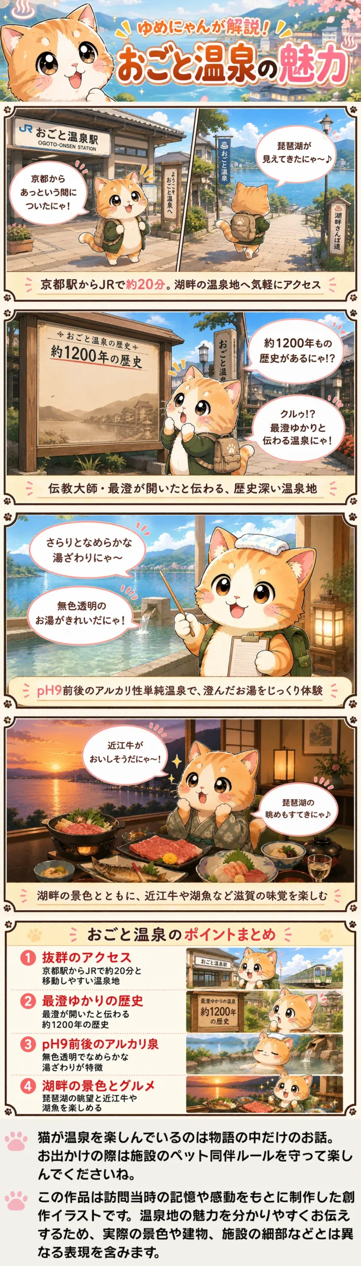 おごと温泉の魅力を詰め込んだ4コマ漫画。ゆめにゃんがアクセスや歴史、泉質と近江牛を紹介。