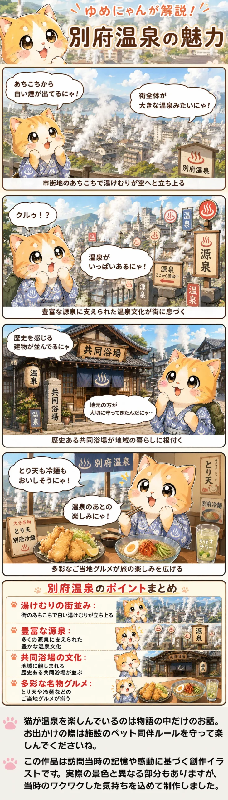 別府温泉の魅力を詰め込んだ4コマ漫画。ゆめにゃんが湯けむりや源泉、共同浴場、グルメを巡り解説。