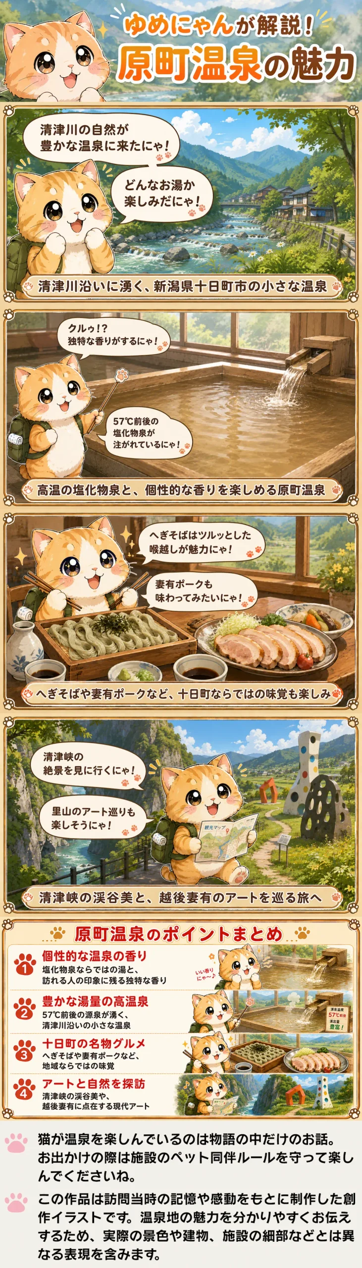 原町温泉の魅力を詰め込んだ4コマ漫画。ゆめにゃんが個性的な香りの湯や郷土グルメ、アート旅を紹介。