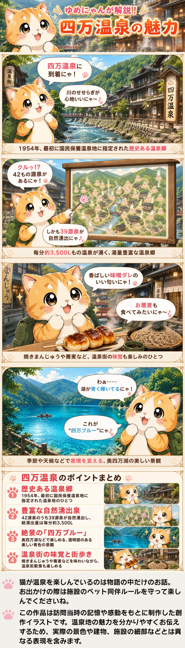 四万温泉の魅力を詰め込んだ4コマ漫画。ゆめにゃんが豊富な自然湧出泉や名物グルメ、四万ブルーを紹介。