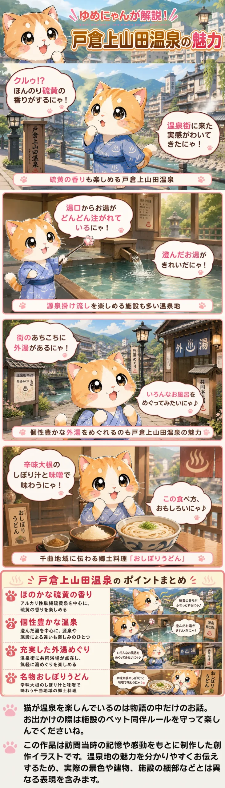 戸倉上山田温泉の魅力を詰め込んだ4コマ漫画。硫黄の香りや澄んだ湯、外湯とおしぼりうどんを紹介。