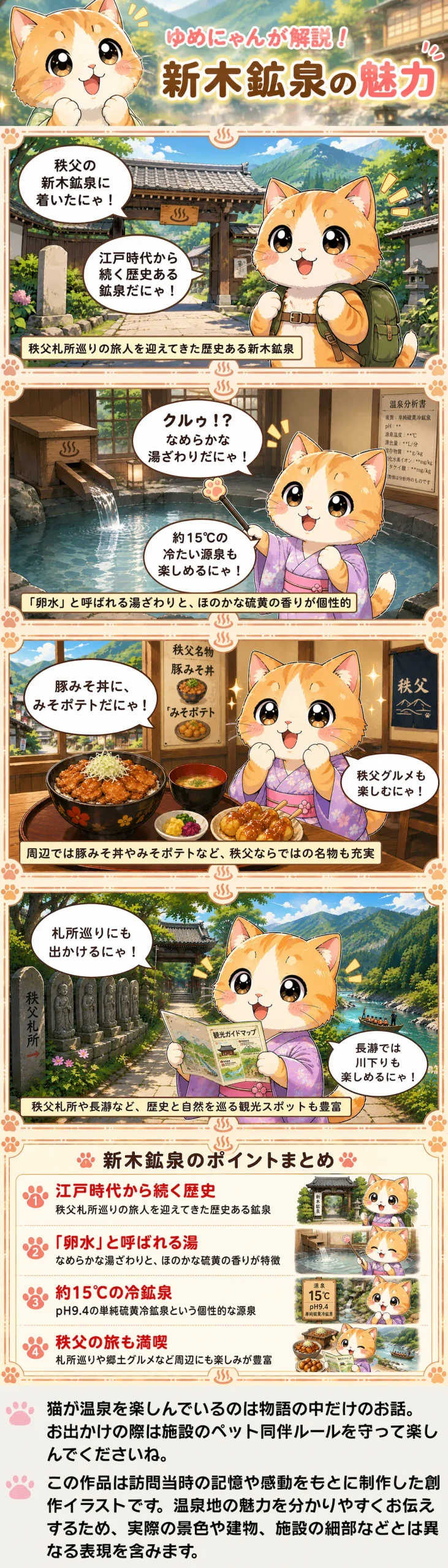 新木鉱泉の魅力を詰め込んだ4コマ漫画。ゆめにゃんが卵水と冷鉱泉、秩父グルメや札所巡りを紹介。