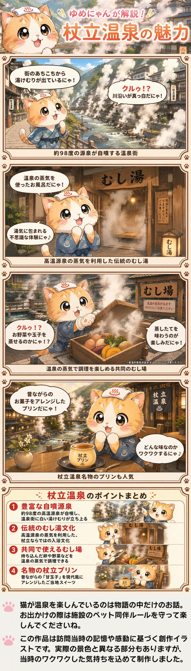 杖立温泉の魅力を詰め込んだ4コマ漫画。湯けむりやむし湯、蒸し調理、プリンを紹介するゆめにゃん。