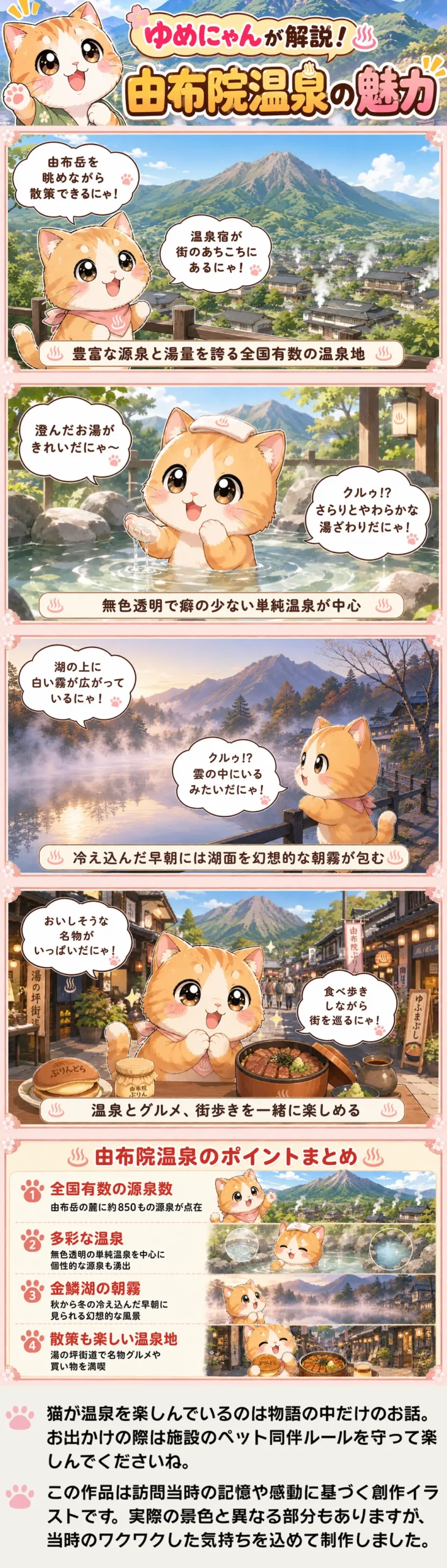 由布院温泉の魅力を詰め込んだ4コマ漫画。ゆめにゃんが源泉や泉質、朝霧や街歩きの魅力を紹介。
