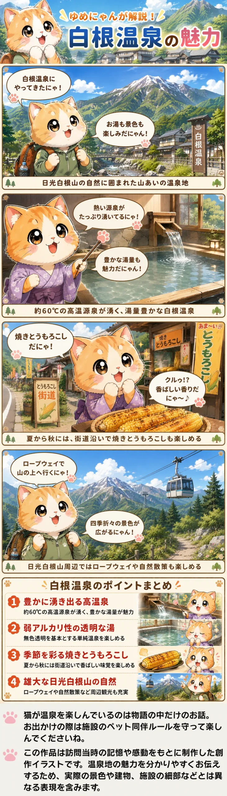 白根温泉の魅力を詰め込んだ4コマ漫画。ゆめにゃんが温泉やグルメ、観光のポイントを解説します。