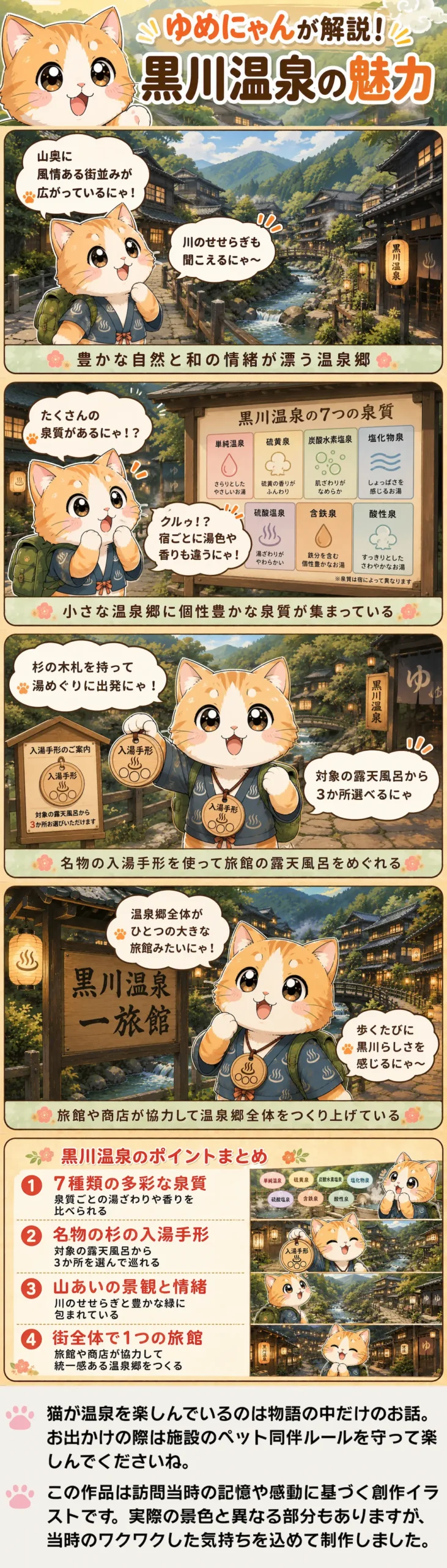 黒川温泉の魅力を詰め込んだ4コマ漫画。ゆめにゃんが泉質や入湯手形による湯めぐりの魅力を紹介。