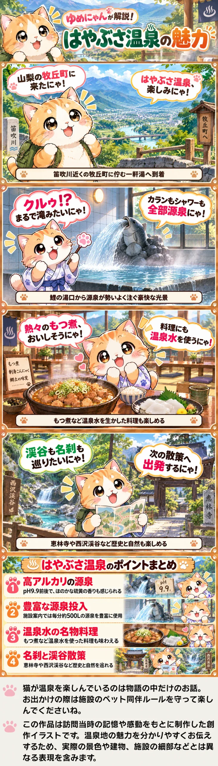 はやぶさ温泉の魅力を詰め込んだ4コマ漫画。豪快な源泉と料理、周辺散策を紹介