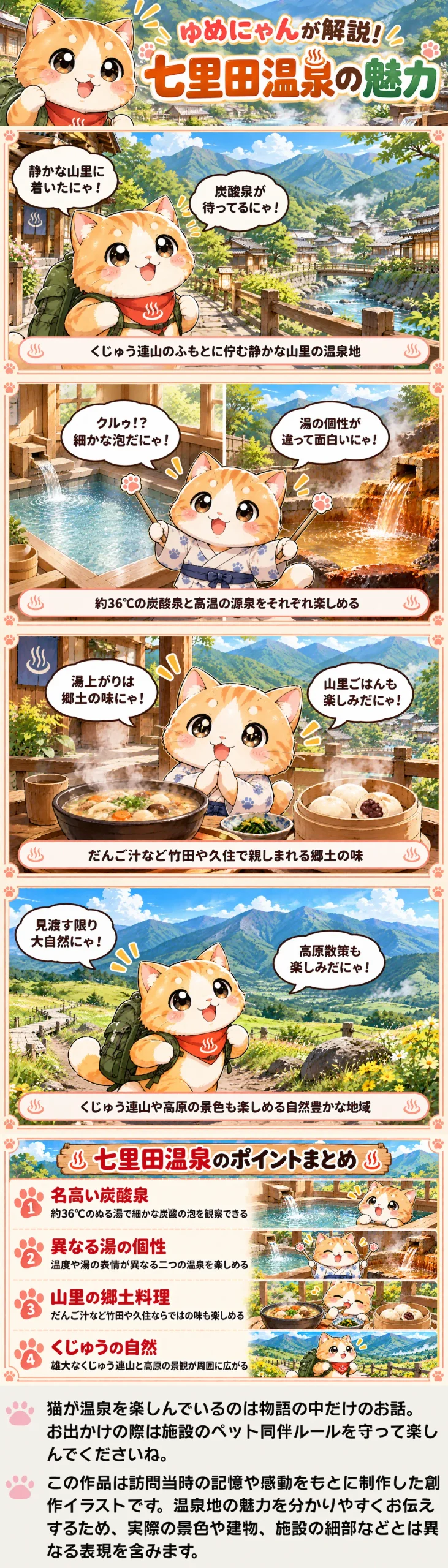 七里田温泉の魅力を詰め込んだ4コマ漫画。炭酸泉と山里の味、くじゅう高原を紹介。