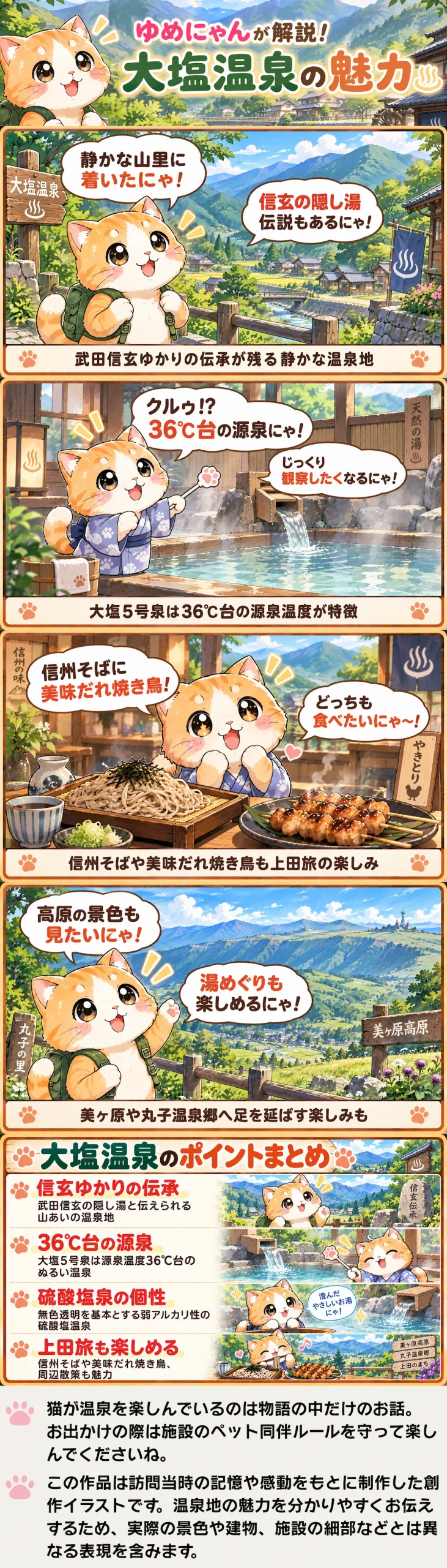 大塩温泉の魅力を詰め込んだ4コマ漫画。信玄伝説や36℃台の源泉、上田の味と自然を紹介。