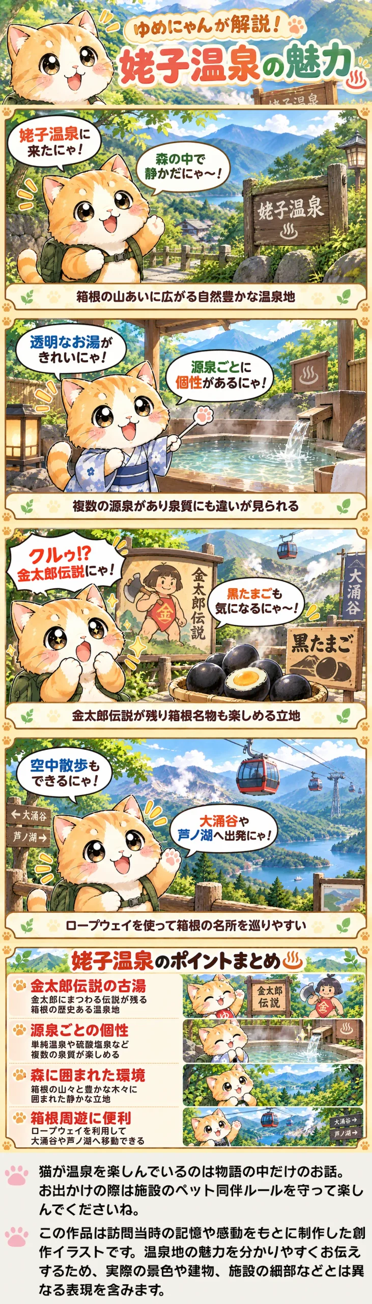 姥子温泉の魅力を詰め込んだ4コマ漫画。源泉の個性や金太郎伝説、箱根観光を紹介。