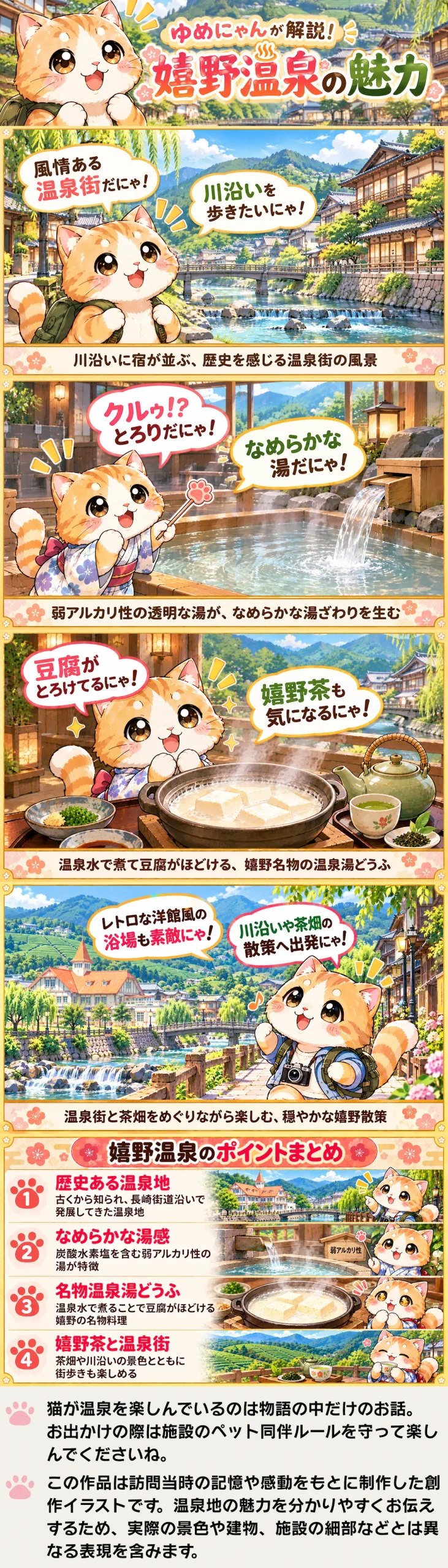 嬉野温泉の魅力を詰め込んだ4コマ漫画。温泉街、とろみのある湯、温泉湯どうふ、嬉野茶を紹介。