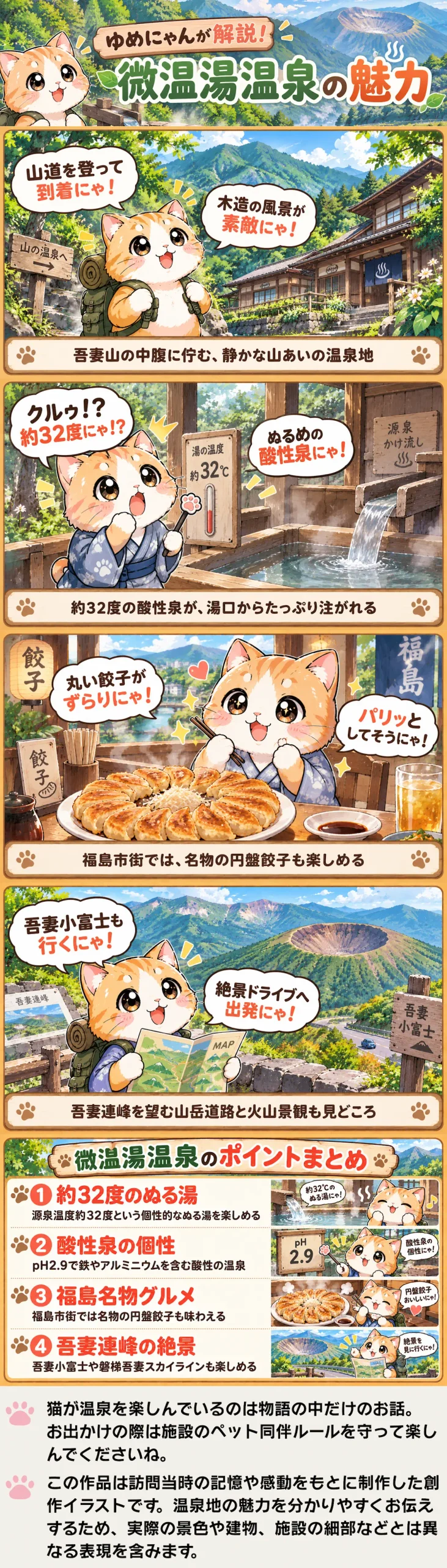 微温湯温泉の魅力を詰め込んだ4コマ漫画。約32度の酸性泉や円盤餃子、吾妻連峰を紹介。