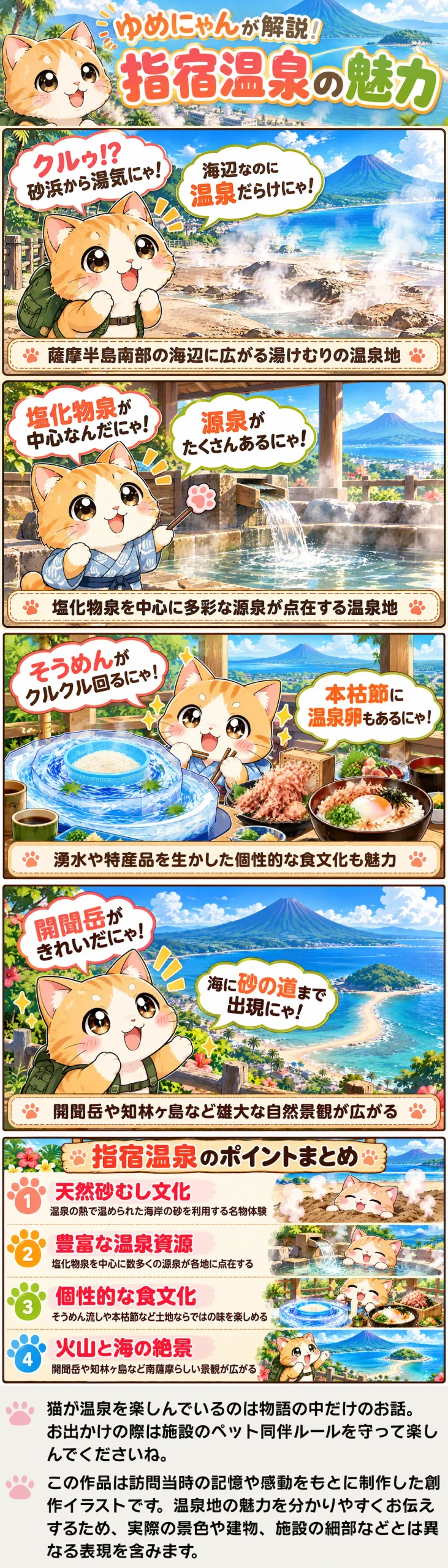 指宿温泉の魅力を詰め込んだ4コマ漫画。砂むし温泉や多彩な源泉、名物料理、開聞岳と知林ヶ島を紹介。