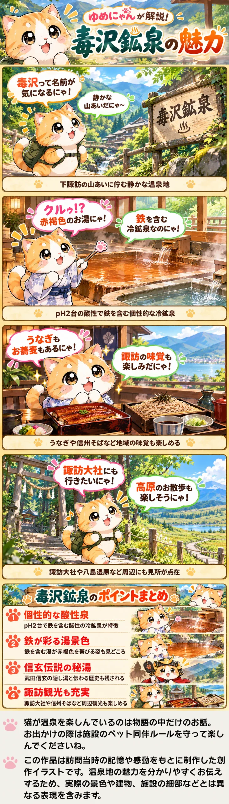 毒沢鉱泉の魅力を詰め込んだ4コマ漫画。酸性の冷鉱泉や信玄伝説、諏訪観光を紹介。