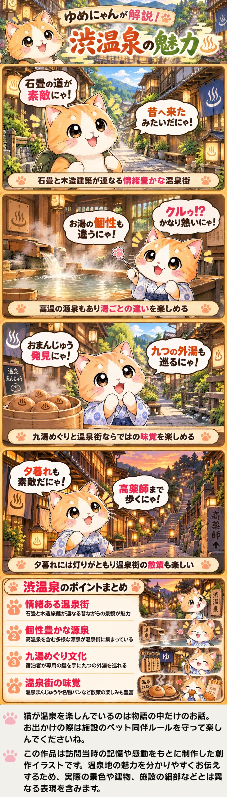 渋温泉の魅力を詰め込んだ4コマ漫画。石畳の温泉街や高温源泉、九湯めぐりを紹介。