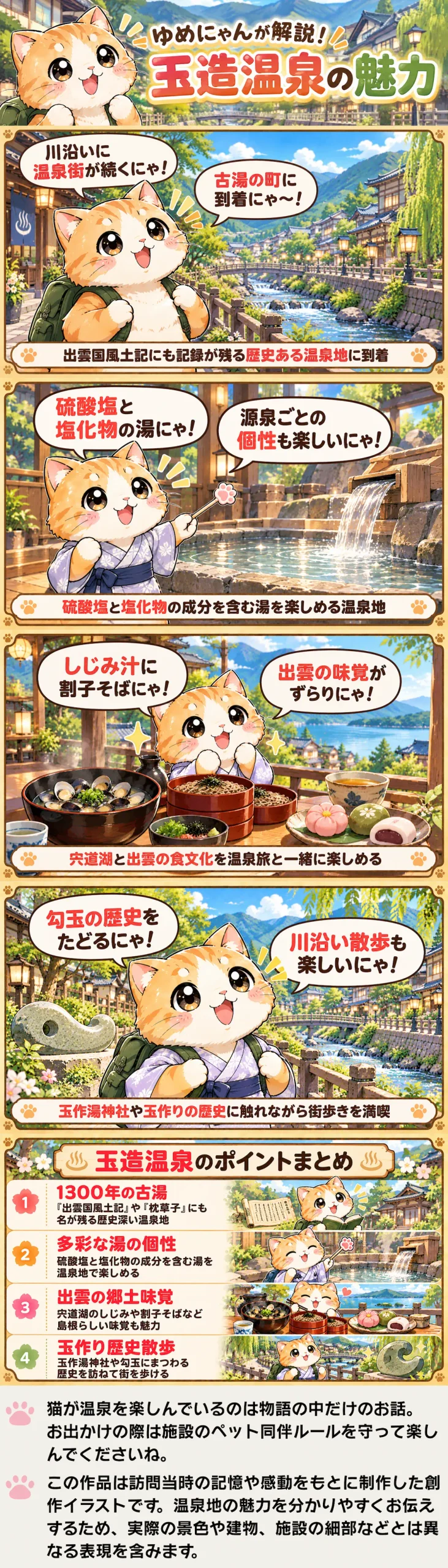 玉造温泉の魅力を詰め込んだ4コマ漫画。古湯の歴史や泉質、出雲の味覚、勾玉散策をゆめにゃんが紹介。