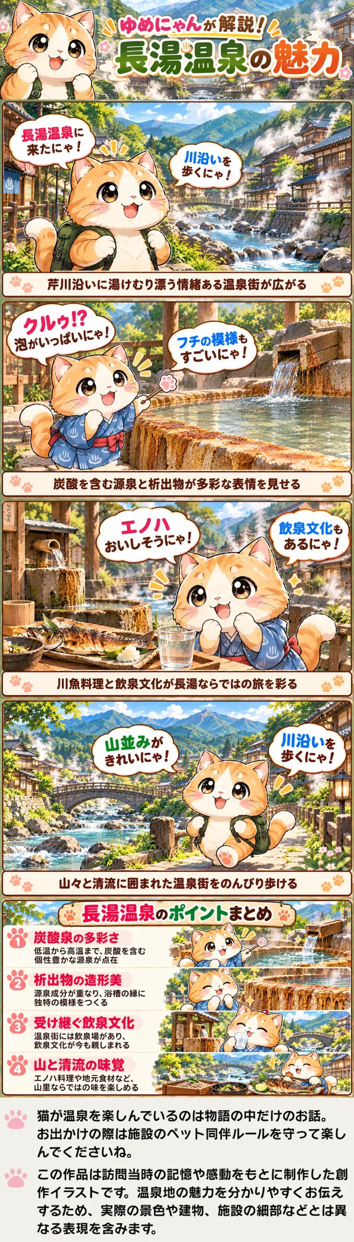 長湯温泉の魅力を詰め込んだ4コマ漫画。炭酸泉や析出物、エノハ、飲泉文化、芹川沿いの散策を紹介。