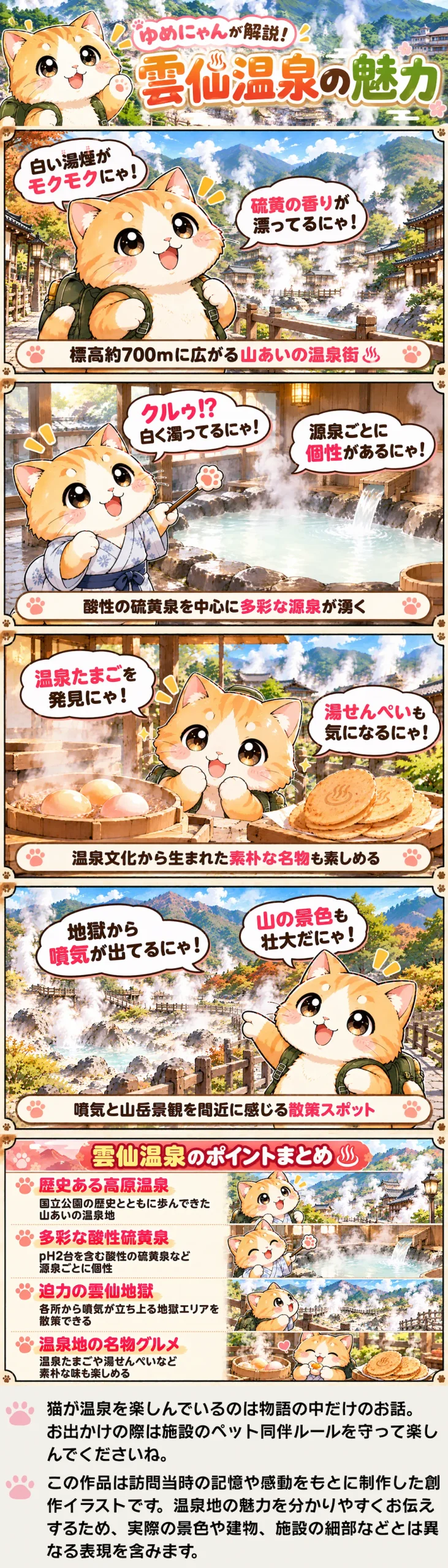 雲仙温泉の魅力を詰め込んだ4コマ漫画。酸性硫黄泉や雲仙地獄、名物グルメを紹介。