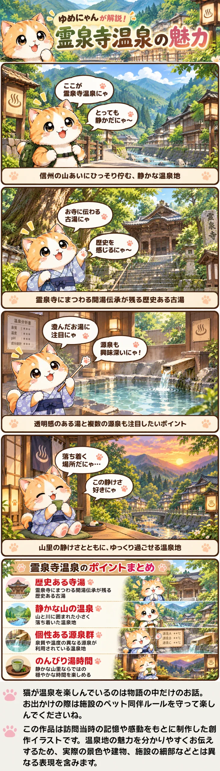 霊泉寺温泉の魅力を詰め込んだ4コマ漫画。寺湯の歴史や澄んだ湯、山里の静けさを紹介。