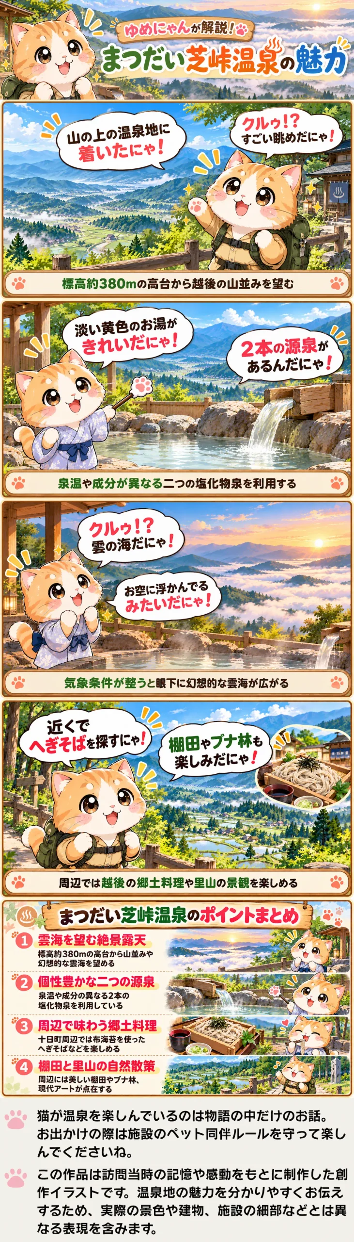 まつだい芝峠温泉の魅力を詰め込んだ4コマ漫画。2本の源泉や雲海、周辺の郷土グルメと棚田を紹介。