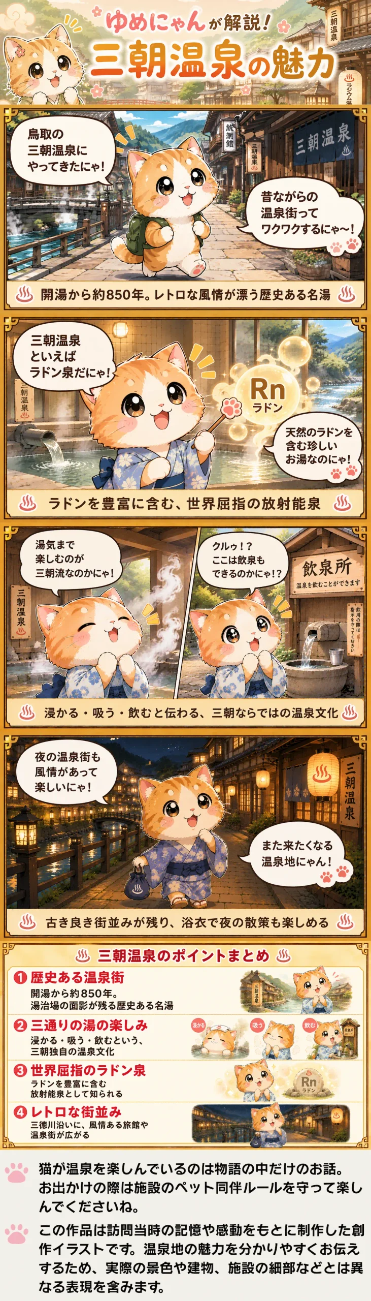 三朝温泉の魅力を詰め込んだ4コマ漫画。浸かる・飲む・吸う体験や風情ある温泉街を猫のゆめにゃんが紹介。