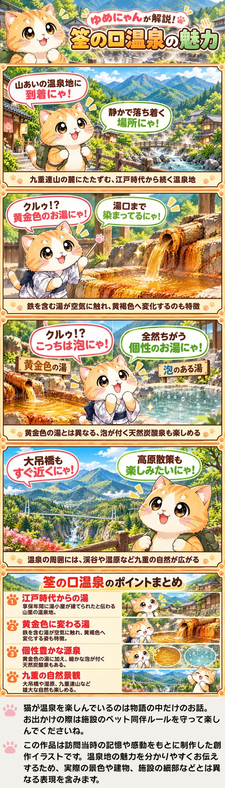 筌の口温泉の魅力を詰め込んだ4コマ漫画。黄金色の湯や炭酸泉、九重の自然を紹介。