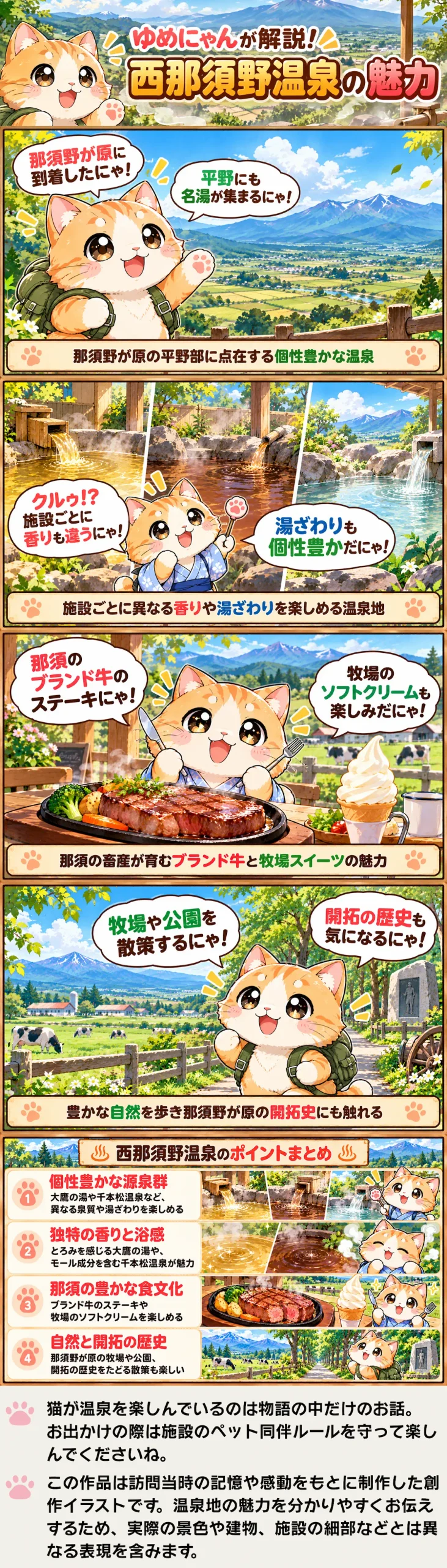 西那須野温泉の魅力を詰め込んだ4コマ漫画。多彩な源泉、地元グルメ、牧場や開拓の歴史を紹介。