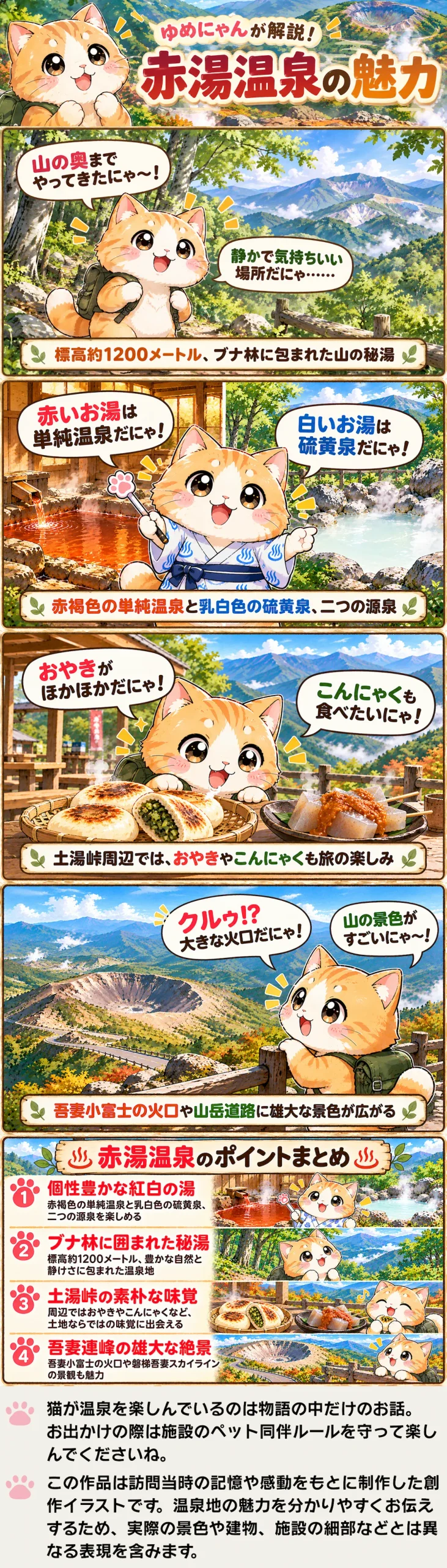 赤湯温泉の魅力を詰め込んだ4コマ漫画。山の秘湯、紅白の源泉、峠の味覚、吾妻連峰の絶景を紹介。